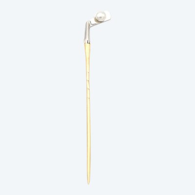 Epingle club de golf en or 18 karats et platine, perle, bijou ancien