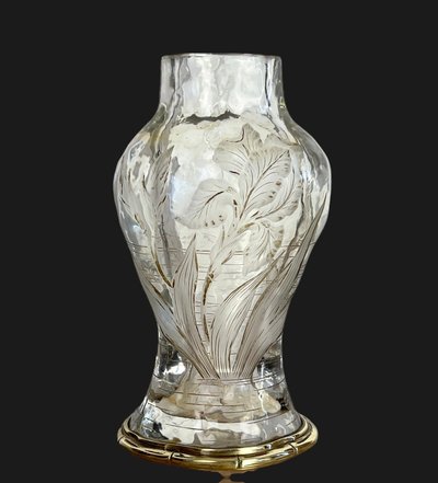 "EDOUARD ENOT" CAMEO-CUT CRYSTAL VASE DECORATED WITH A BRONZE-MOUNTED IRIS