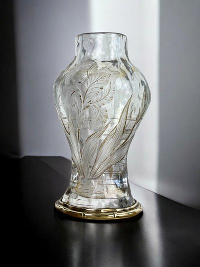 "EDOUARD ENOT" CAMEO-CUT CRYSTAL VASE DECORATED WITH A BRONZE-MOUNTED IRIS