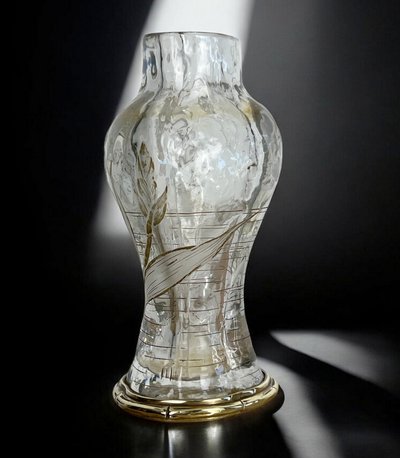 "EDOUARD ENOT" CAMEO-CUT CRYSTAL VASE DECORATED WITH A BRONZE-MOUNTED IRIS