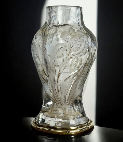 "EDOUARD ENOT" CAMEO-CUT CRYSTAL VASE DECORATED WITH A BRONZE-MOUNTED IRIS
