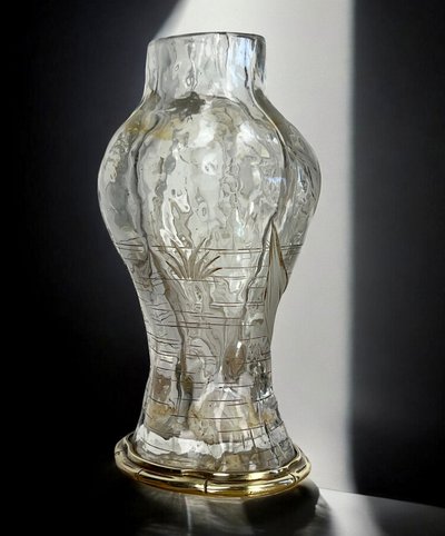 "EDOUARD ENOT" CAMEO-CUT CRYSTAL VASE DECORATED WITH A BRONZE-MOUNTED IRIS