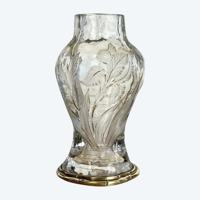"EDOUARD ENOT" CAMEO-CUT CRYSTAL VASE DECORATED WITH A BRONZE-MOUNTED IRIS