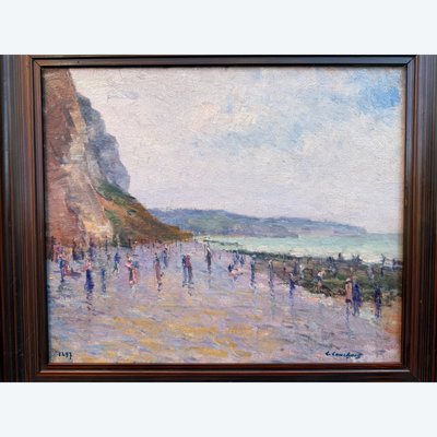 Paysage d’Étretat postimpressionniste XIXème signé Cauchois (1850-1911) , Normandie, côte d’albâtre 