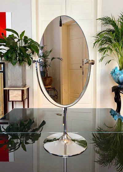Miroir De Table Double Face - Pied Tulipe En Métal Chromé - Graeter Vitra - Vintage