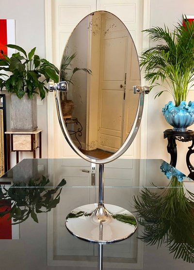 Miroir De Table Double Face - Pied Tulipe En Métal Chromé - Graeter Vitra - Vintage