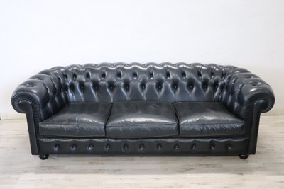 Set De Canapé Et Fauteuil En Cuir Noir, 1980s