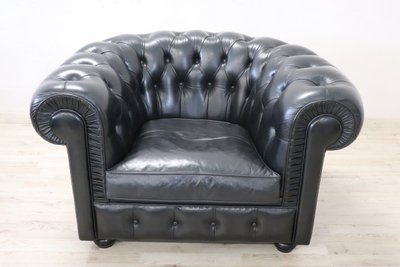 Set De Canapé Et Fauteuil En Cuir Noir, 1980s