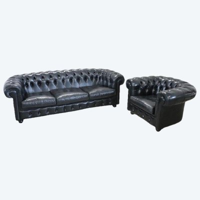 Set De Canapé Et Fauteuil En Cuir Noir, 1980s