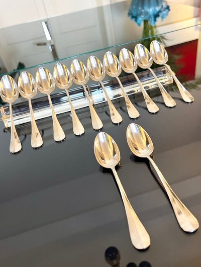 12 Alfenide White Metal Dessert Spoons - Table Cutlery