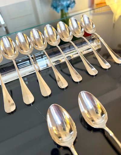12 Alfenide White Metal Dessert Spoons - Table Cutlery