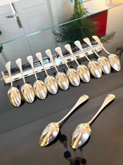 12 Alfenide White Metal Dessert Spoons - Table Cutlery