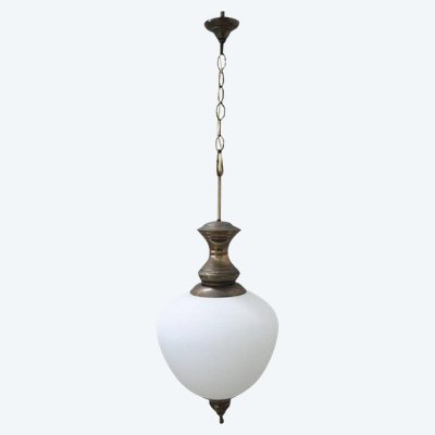 Lampada a sospensione in ottone e vetro, anni '60