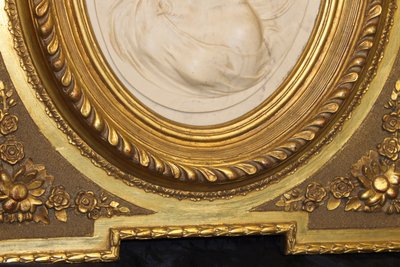Pair of carved marble medallions with women's profiles in low relief by Louis Bottée expo 1889