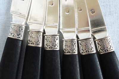Set di 12 coltelli da frutta in argento massiccio, manici in ebano, marchio Minerve