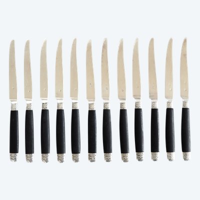 Set di 12 coltelli da frutta in argento massiccio, manici in ebano, marchio Minerve