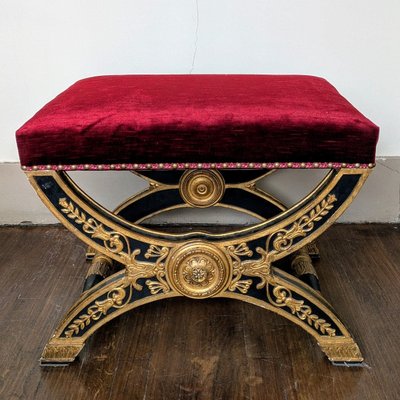 Large curule stool - painted and gilded wood - Empire style