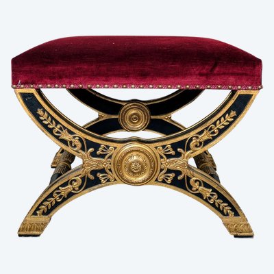 Large curule stool - painted and gilded wood - Empire style