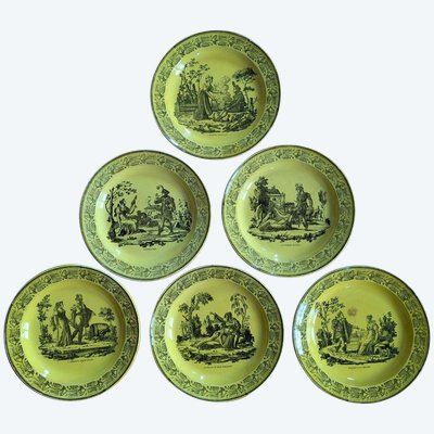 Montereau circa 1825-1833 - 6 fine earthenware dessert plates - historicist decor