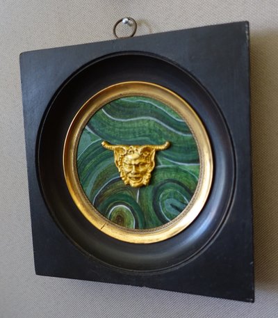 Ravrio: miniature portrait of a satyr, souvenir of the Grand Tour, gilt bronze on malachite base