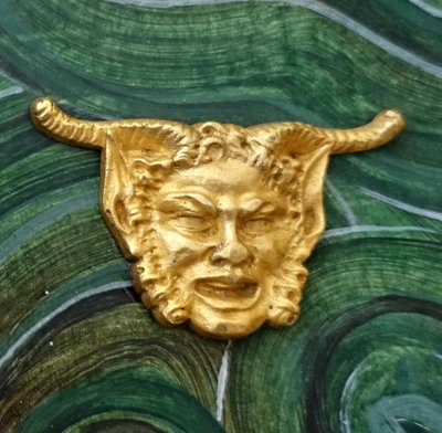 Ravrio: miniature portrait of a satyr, souvenir of the Grand Tour, gilt bronze on malachite base