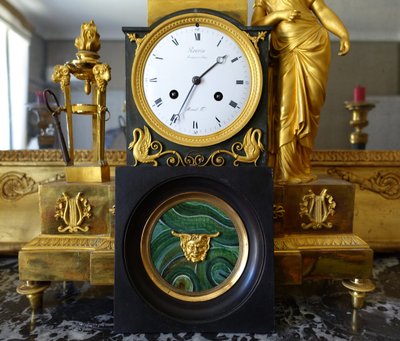 Ravrio: miniature portrait of a satyr, souvenir of the Grand Tour, gilt bronze on malachite base