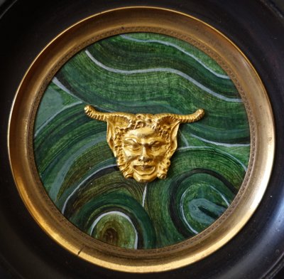 Ravrio: miniature portrait of a satyr, souvenir of the Grand Tour, gilt bronze on malachite base