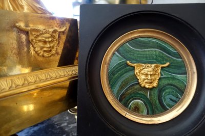 Ravrio: miniature portrait of a satyr, souvenir of the Grand Tour, gilt bronze on malachite base