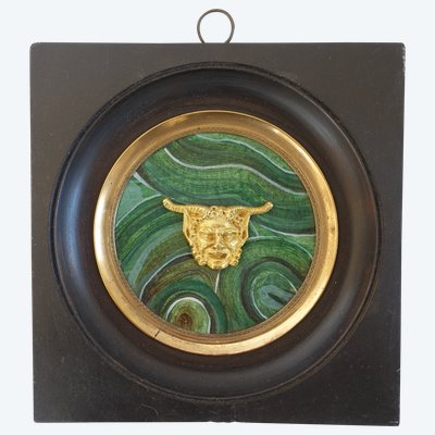 Ravrio: miniature portrait of a satyr, souvenir of the Grand Tour, gilt bronze on malachite base