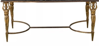 Maison JANSEN Table basse en bronze et laiton doré, cariatides et marbre