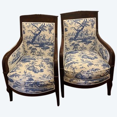 Very fine pair of mahogany and mahogany veneered bergères from the Empire period circa 1810