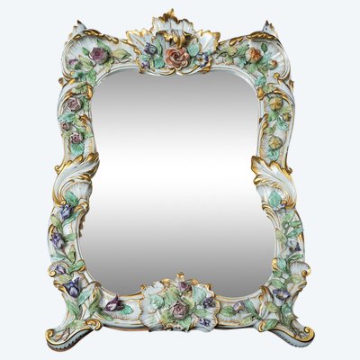 Antique polychrome porcelain mirror from Capodimonte, early 20th century.