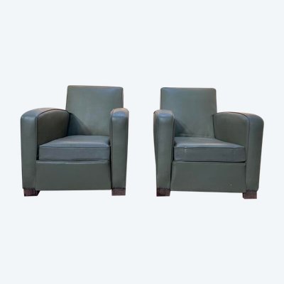 Paire de fauteuils club en Skaï vert 1940