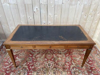 Bureau plat de style Louis XVI cuir noir 