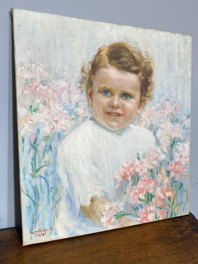 Tableau ancien Art Nouveau, petite fille aux fleurs, signé, 75x73 cm