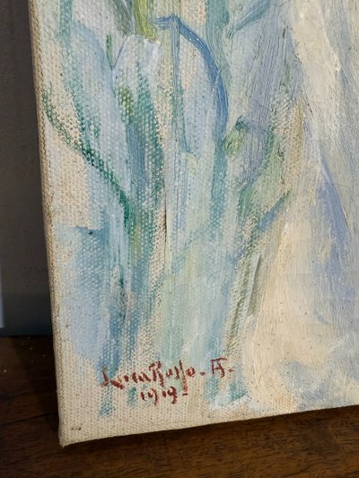 Tableau ancien Art Nouveau, petite fille aux fleurs, signé, 75x73 cm