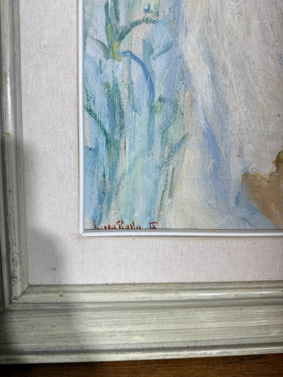 Tableau ancien Art Nouveau, petite fille aux fleurs, signé, 75x73 cm