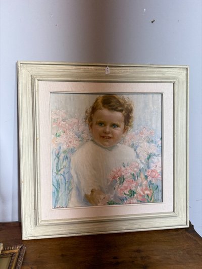 Tableau ancien Art Nouveau, petite fille aux fleurs, signé, 75x73 cm