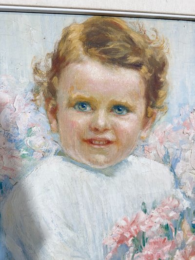 Tableau ancien Art Nouveau, petite fille aux fleurs, signé, 75x73 cm