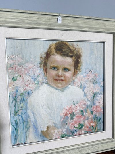 Tableau ancien Art Nouveau, petite fille aux fleurs, signé, 75x73 cm