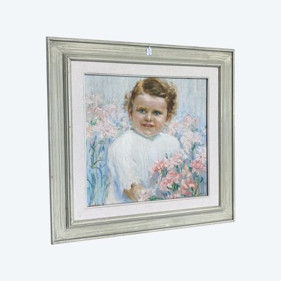 Tableau ancien Art Nouveau, petite fille aux fleurs, signé, 75x73 cm