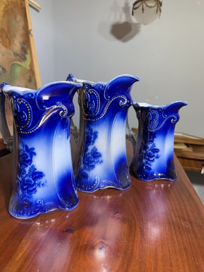 Three English pitchers PANSY PATTERN BY BROWN & STEVENTON ENGLAND-CIRCULAR, late 1800s, porcelain!