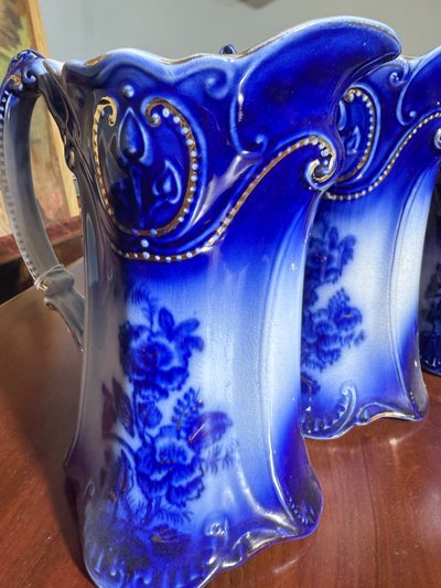 Three English pitchers PANSY PATTERN BY BROWN & STEVENTON ENGLAND-CIRCULAR, late 1800s, porcelain!