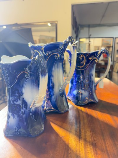 Three English pitchers PANSY PATTERN BY BROWN & STEVENTON ENGLAND-CIRCULAR, late 1800s, porcelain!