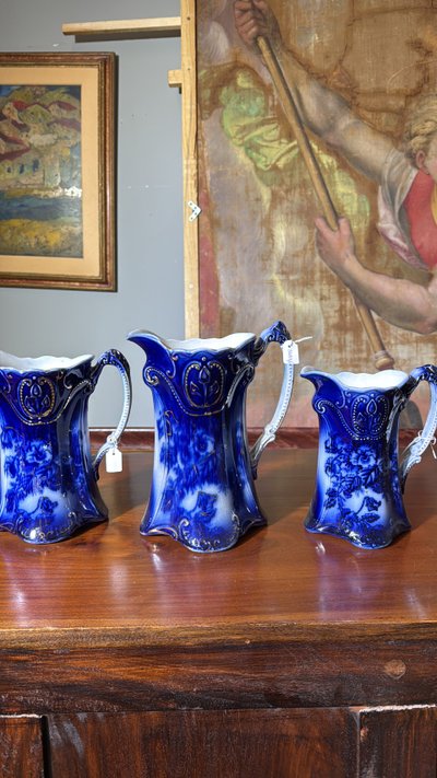 Three English pitchers PANSY PATTERN BY BROWN & STEVENTON ENGLAND-CIRCULAR, late 1800s, porcelain!