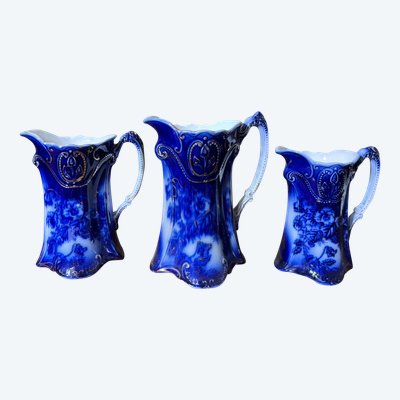 Three English pitchers PANSY PATTERN BY BROWN & STEVENTON ENGLAND-CIRCULAR, late 1800s, porcelain!