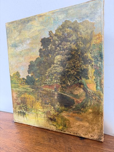 Peinture à l'huile ancienne sur toile, début du 19ème siècle, paysage, 41x36 cm