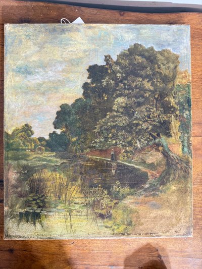 Peinture à l'huile ancienne sur toile, début du 19ème siècle, paysage, 41x36 cm