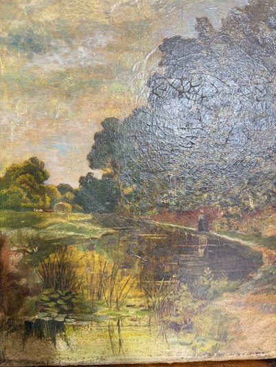 Peinture à l'huile ancienne sur toile, début du 19ème siècle, paysage, 41x36 cm