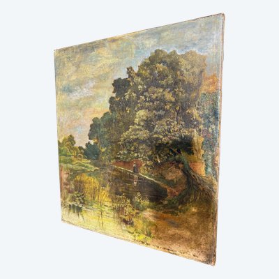Peinture à l'huile ancienne sur toile, début du 19ème siècle, paysage, 41x36 cm